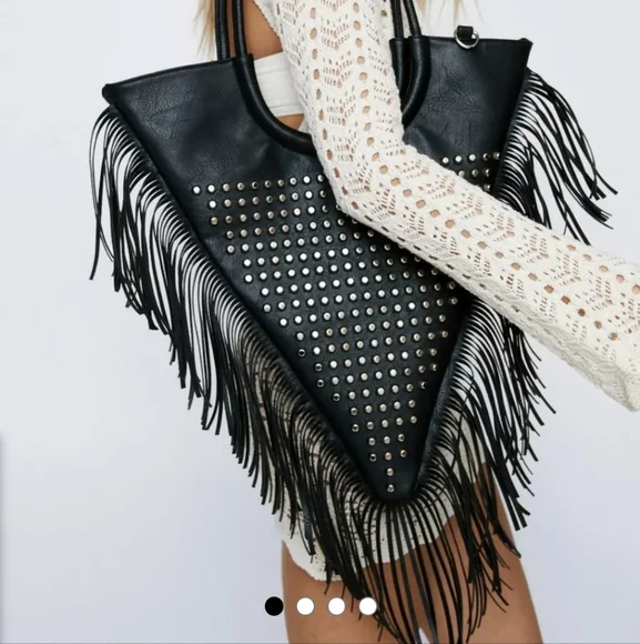 Black Fringe Studded Bag - Picture 1 of 6